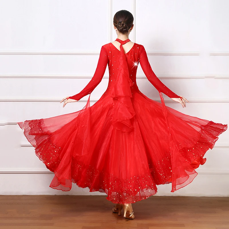 New Red Modern Waltz Performance Clothes Spandex Rhinestone Women's Ballroom Competition Dresses Adults Standrad Stage Dancewear