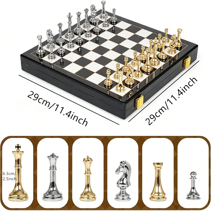 Chessboard 29cm/11.4inch, Metal Zinc Alloy Chess International  Includes 2 Extra Queens, Perfect Various Holiday Gift Board Game