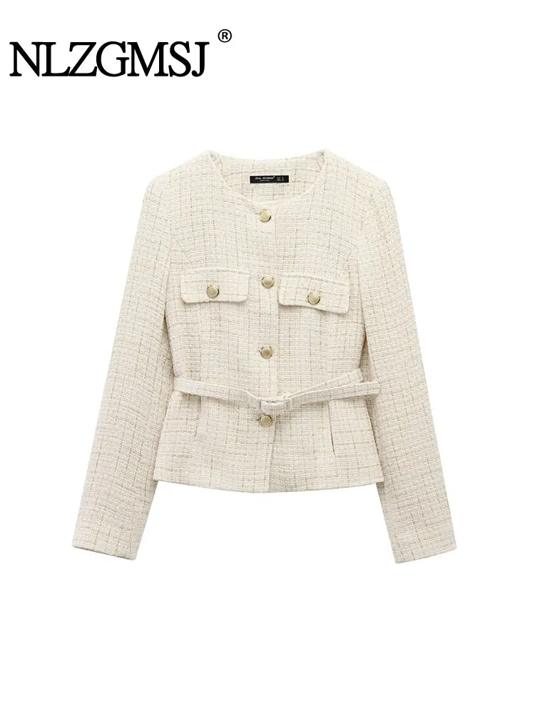 

2025 Spring Women Tweed Single Breasted Elegant Jackets Coat Long Sleeve Belt Jacket Woman Clothing Outdoor Clothes