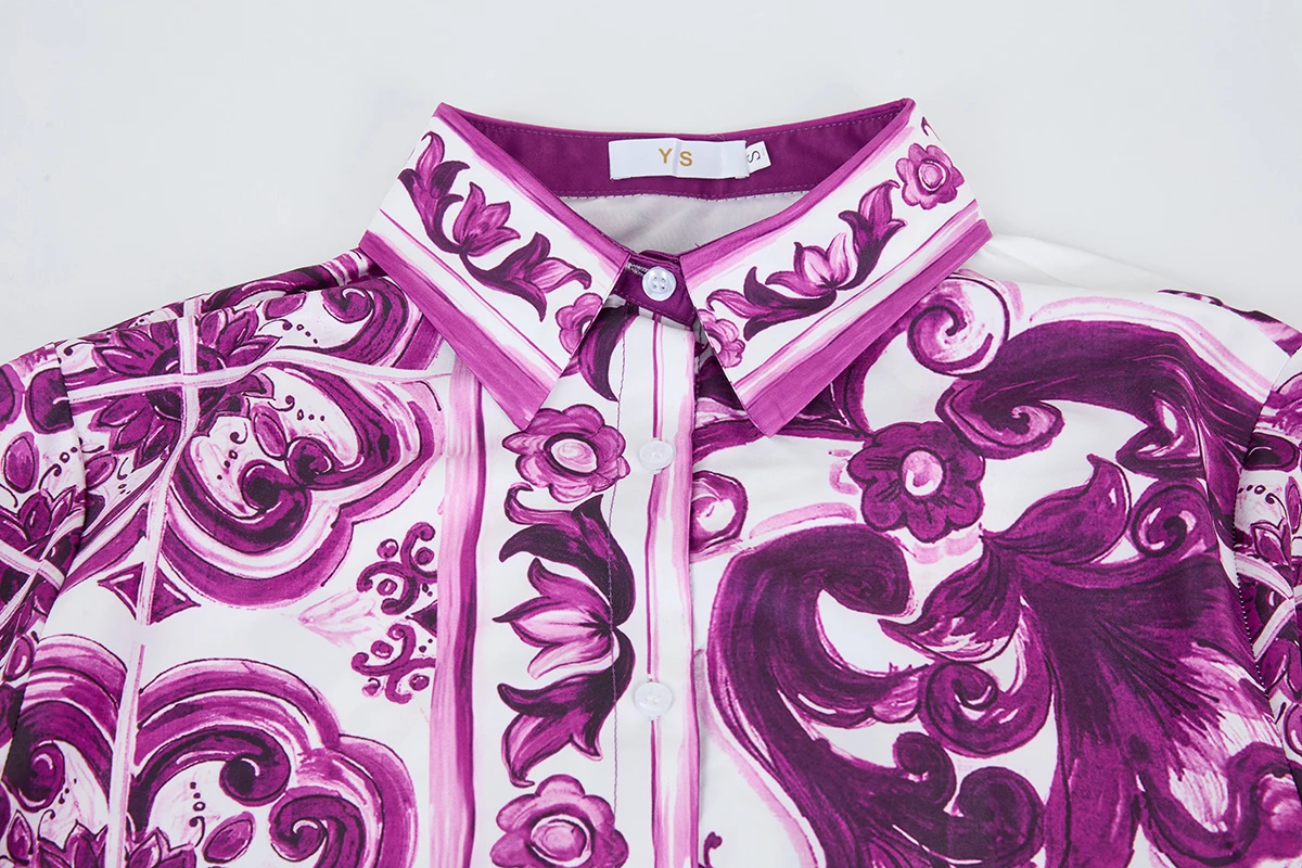 Runway – robe Maxi à fleurs pour femmes, chemise à manches longues, violet, bleu et blanc, imprimé porcelaine, ceinture, vacances, style Boho, printemps 2025