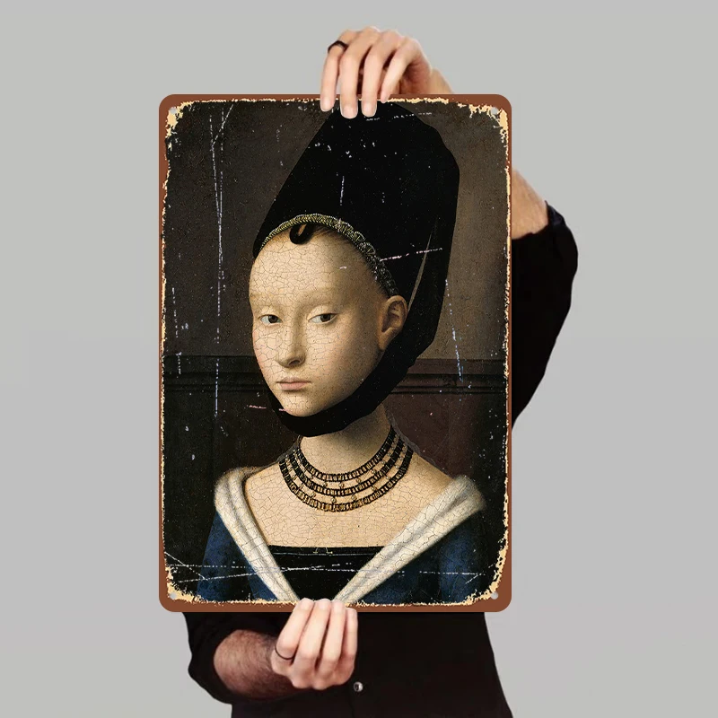Vintage Renaissance Style Girl Portrait Custom Metal Tin Painting Home Wall Decor Art Hanging