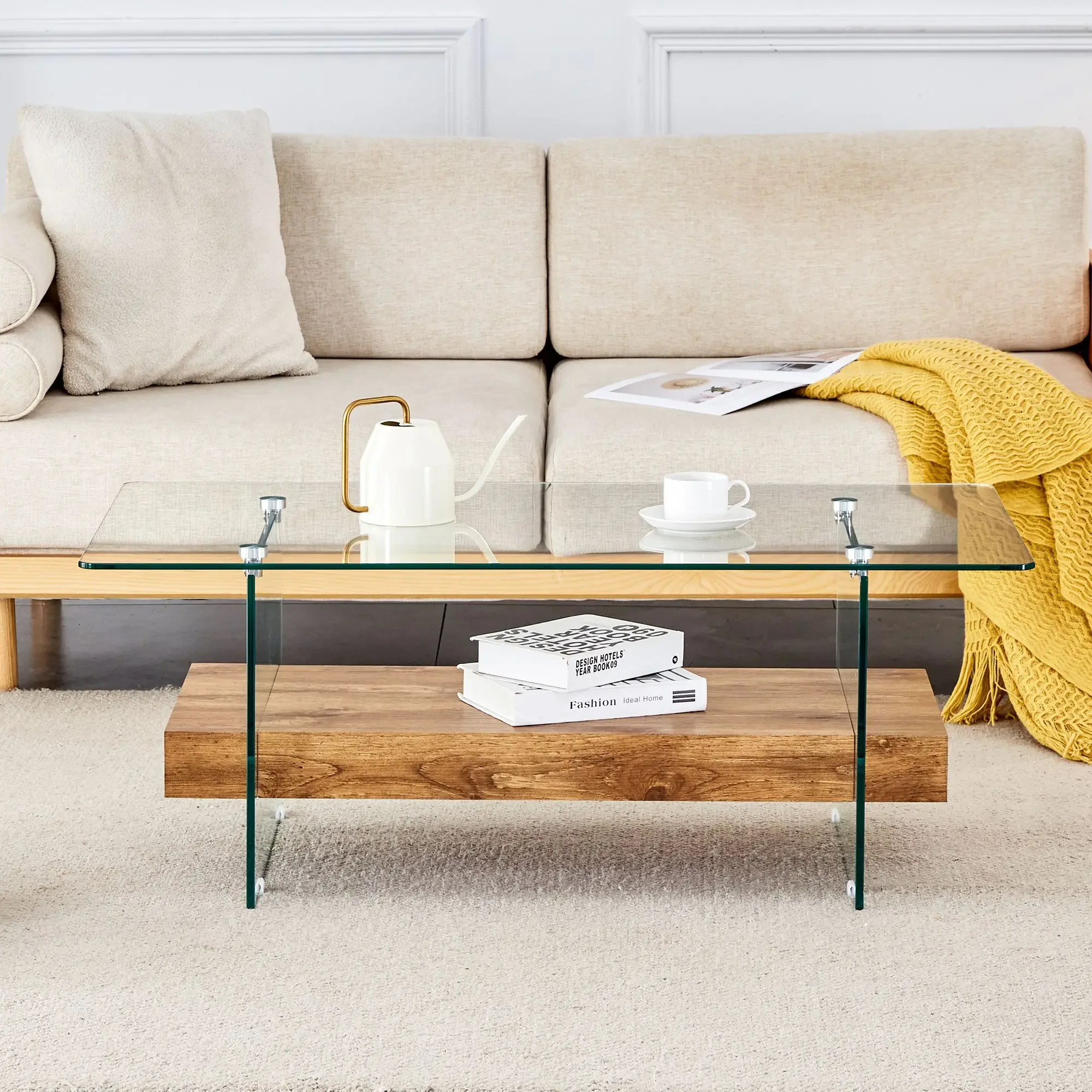 

43.3 Inch Modern Two-Tier Coffee Table - An Elegant Combination of Clear Glass and Light Wood Texture Sticker, Coffee Table