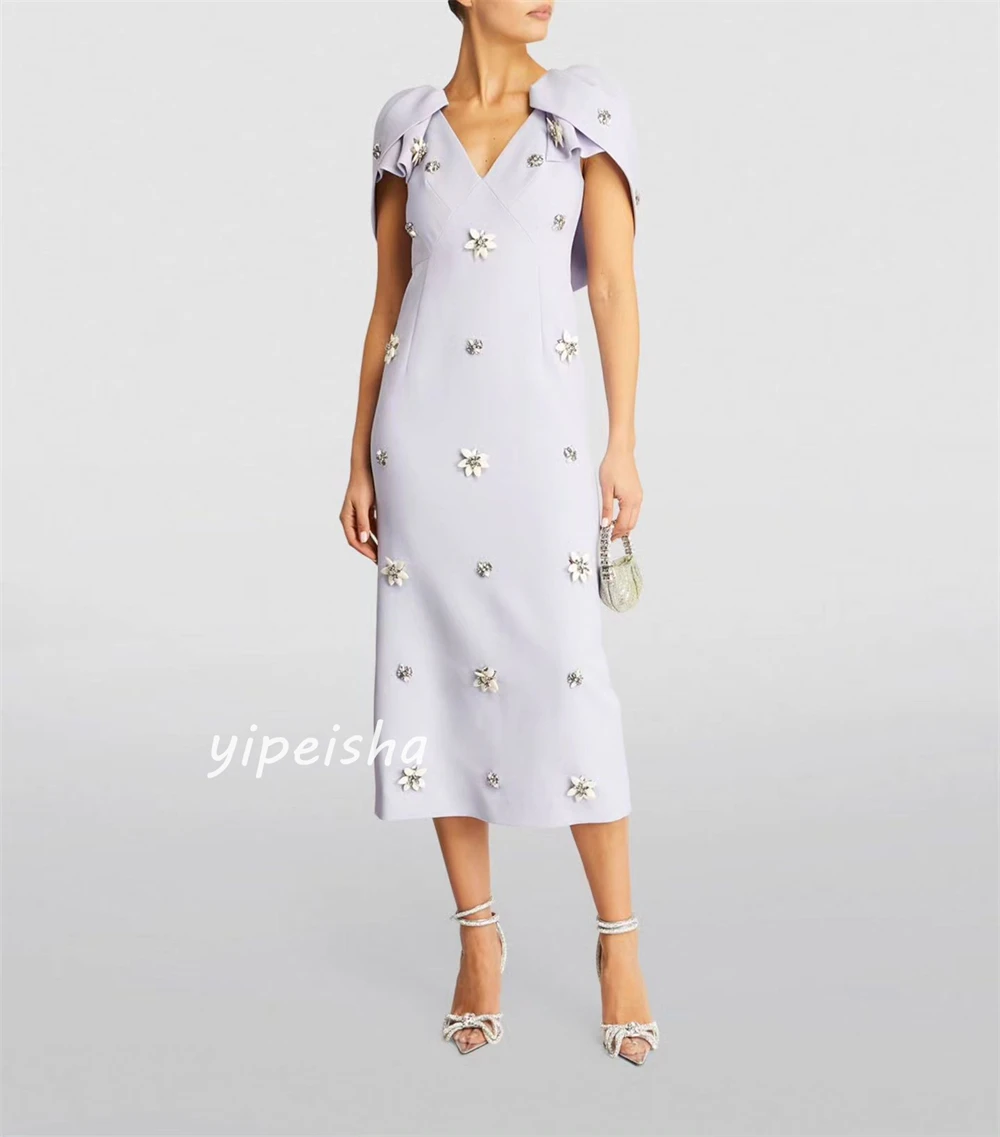 Customized Jersey Flower Sequined Ruched Evening A-line V-neck Bespoke Occasion Gown Midi Dresses