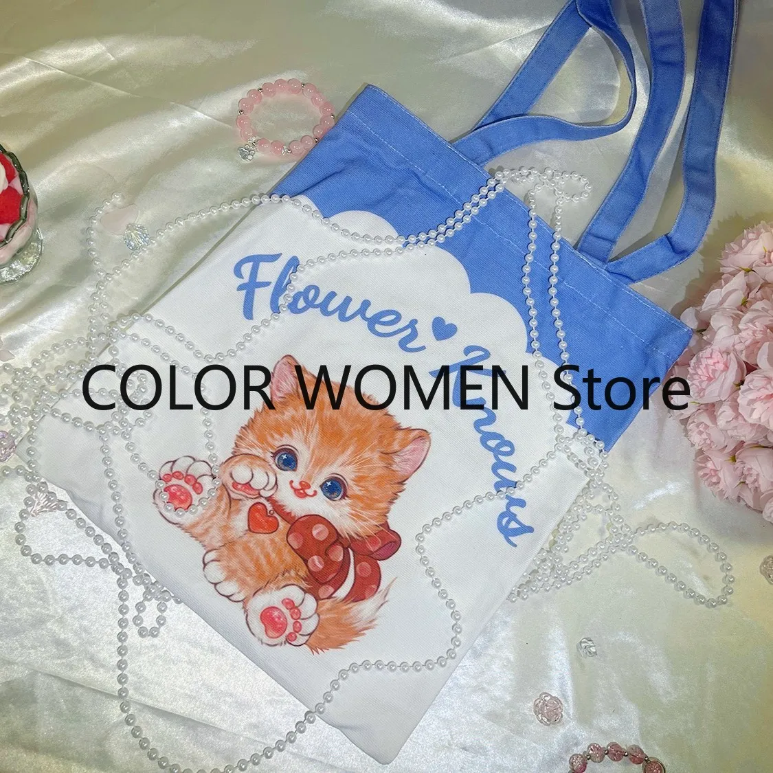Flower Knows White Bow-tie orange Cat Limited Edition Canvas Bag Makeup bag