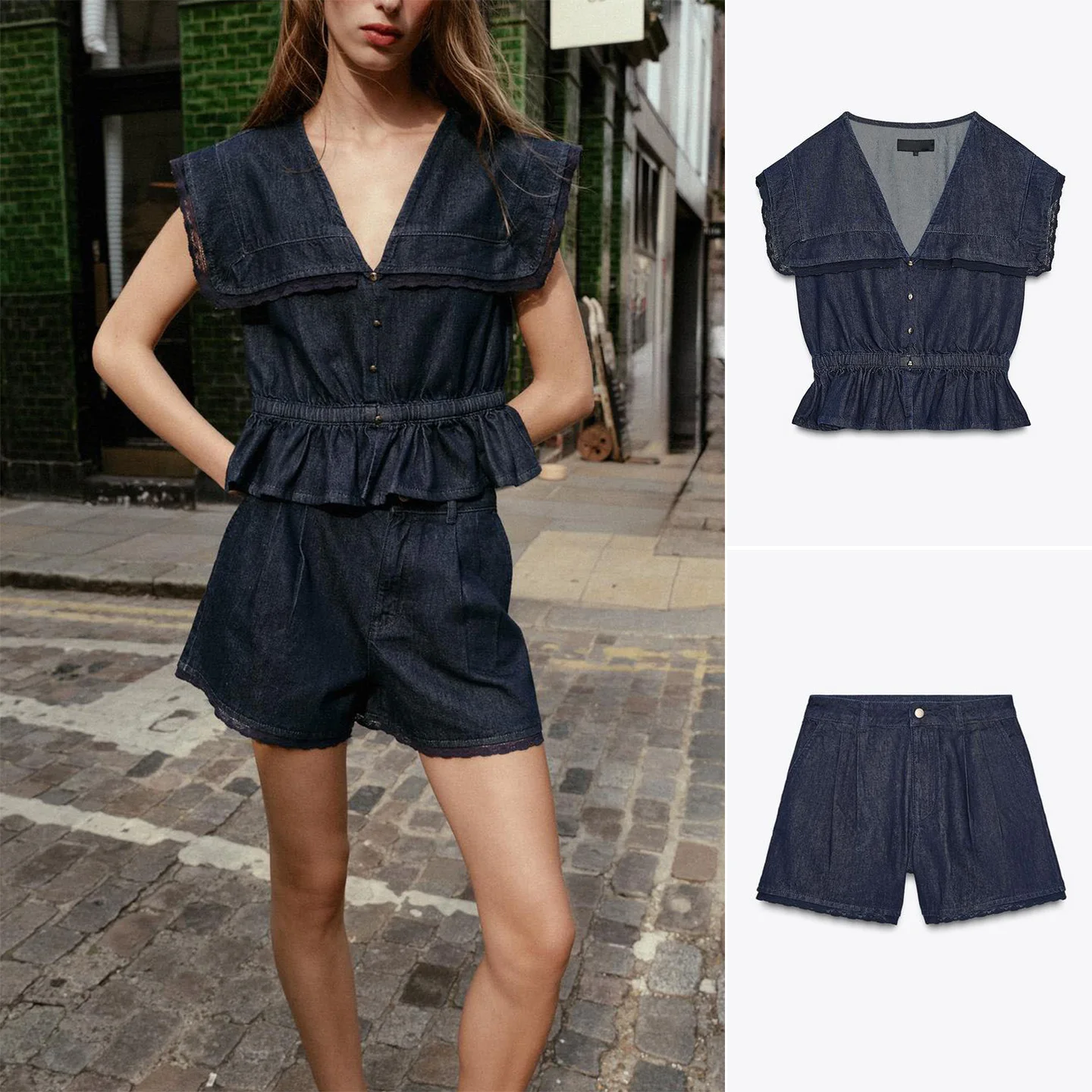 

V-Ne Ultra-ort Sve Lace Denim irt Высокая талия Кружева Повседневная одежда Женский модный комплект Осенний сезон Высокая талия ort P...