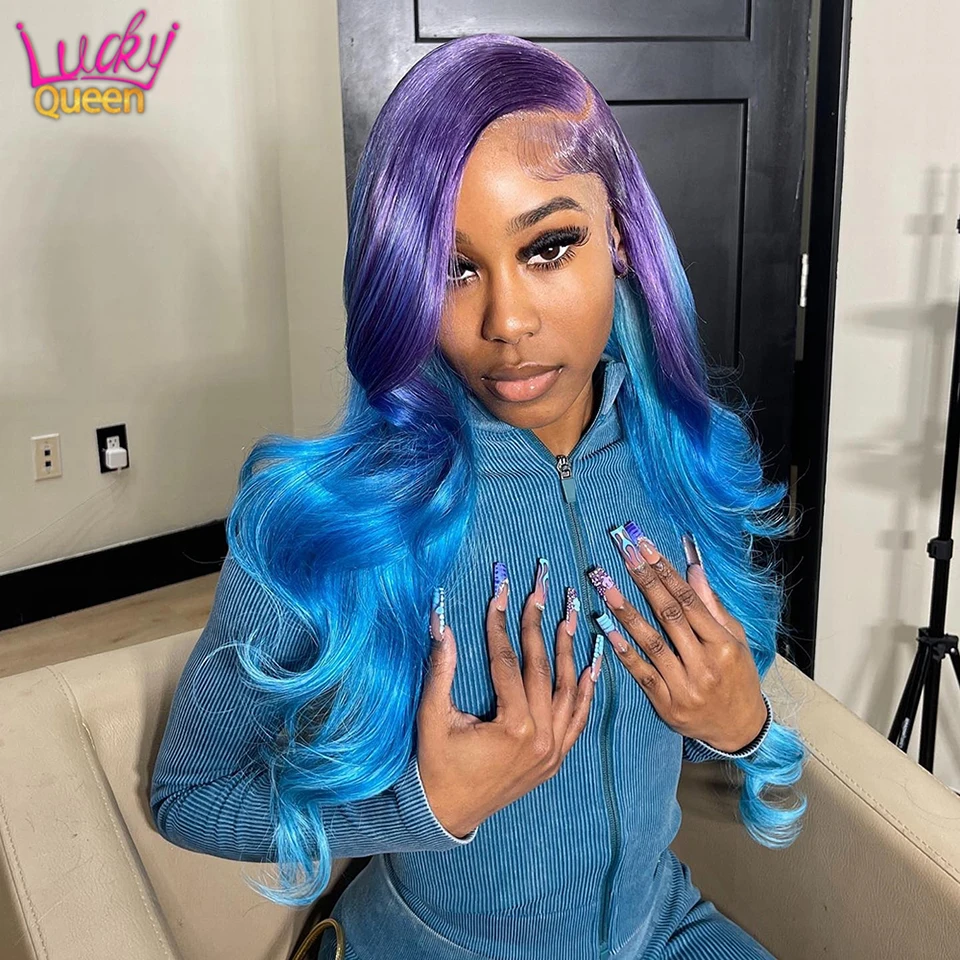 

Purple Blue Ombre Lace Front Wig Human Hair 13x4 Body Wave Lace Front Wig Pre Plucked With Baby Hair 180% Density For Women