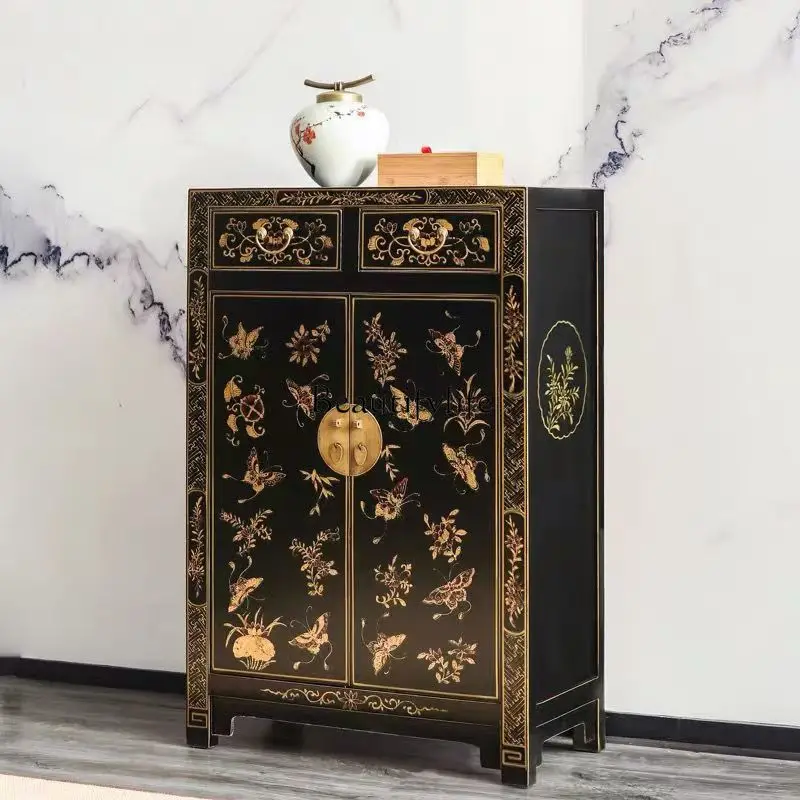 

New Chinese style gold-painted entrance painted shoe cabinet foyer decoration solid wood hand-painted butterfly entry cabinet