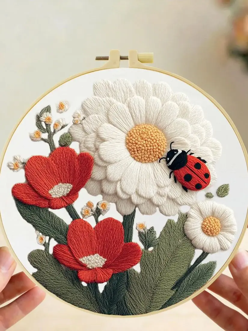 1 Stück 20X20CM/15X15CM Marienkäfer und Blumen Stickerei Starter-Kit DIY Kreuzstich Nähkunst als Geschenk – Detail 1