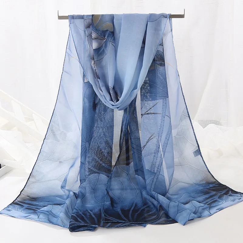

New Chiffon Long Silk Scarf Small Yarn Printed Thin Spring and Autumn Lotus Annual Meeting Small Gift Women