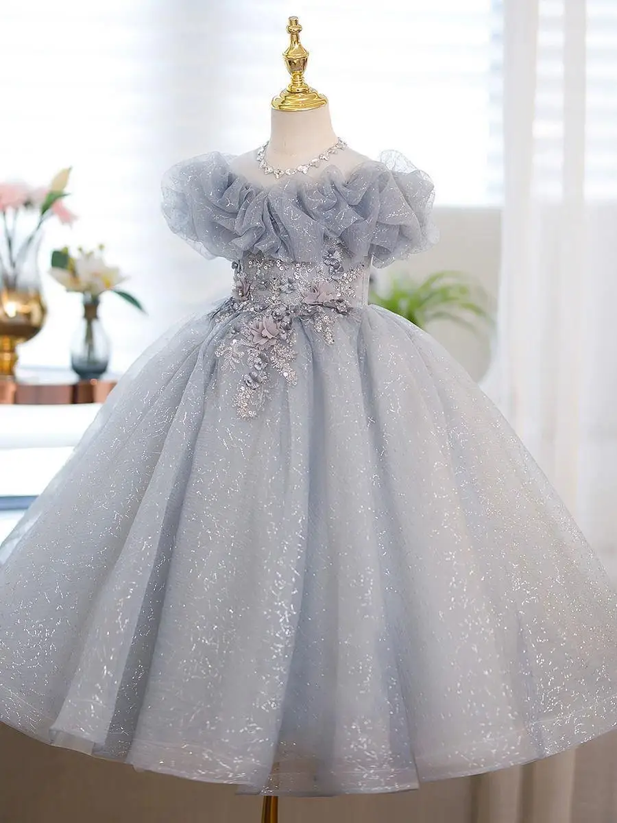 

Blue Princess Dress 2023 New Girl's Shining Luxury High Quality Prom Gown Vintage Sequins Pleated Sleeves Birthday Party Dress