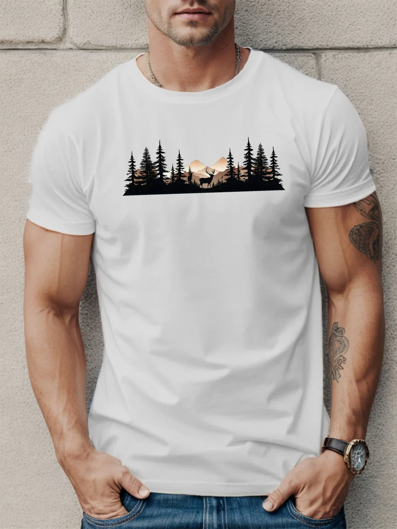 Men's summer 100% pure cotton fashionable casual loose deer and forest print sports round neck short sleeved T-shirt top