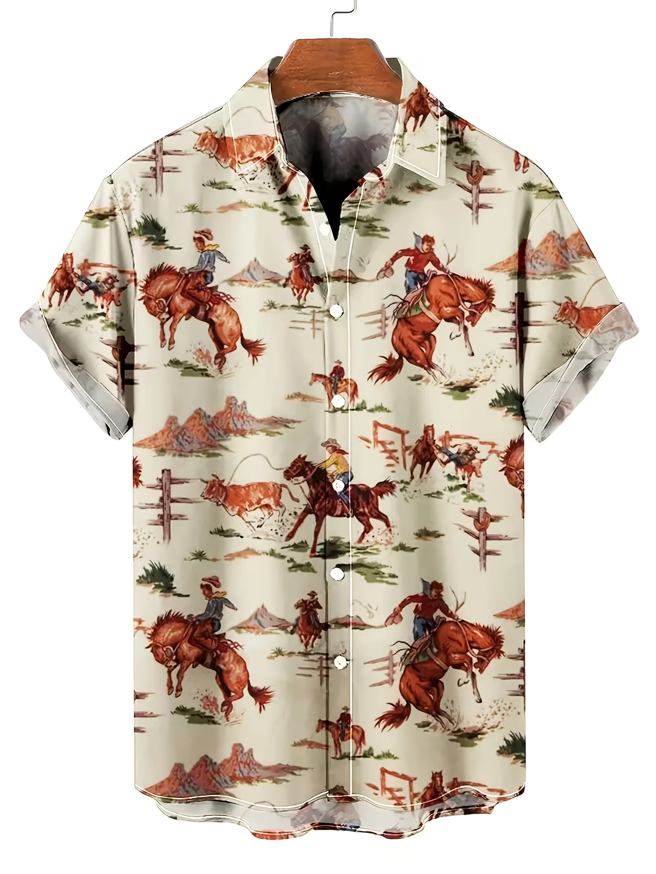 Men Short Sleeve Shirt Western Cowboy Horse Riding Print Turn‑Down Collar Button‑Up Summer Top