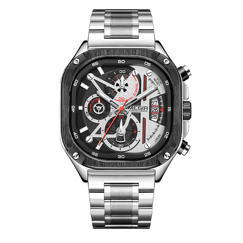 MEGIR 2217 Black Quartz Watch Waterproof Square Dial Wristwatch with Chronograph Stainless Steel Strap Luminous Hands Auto Date