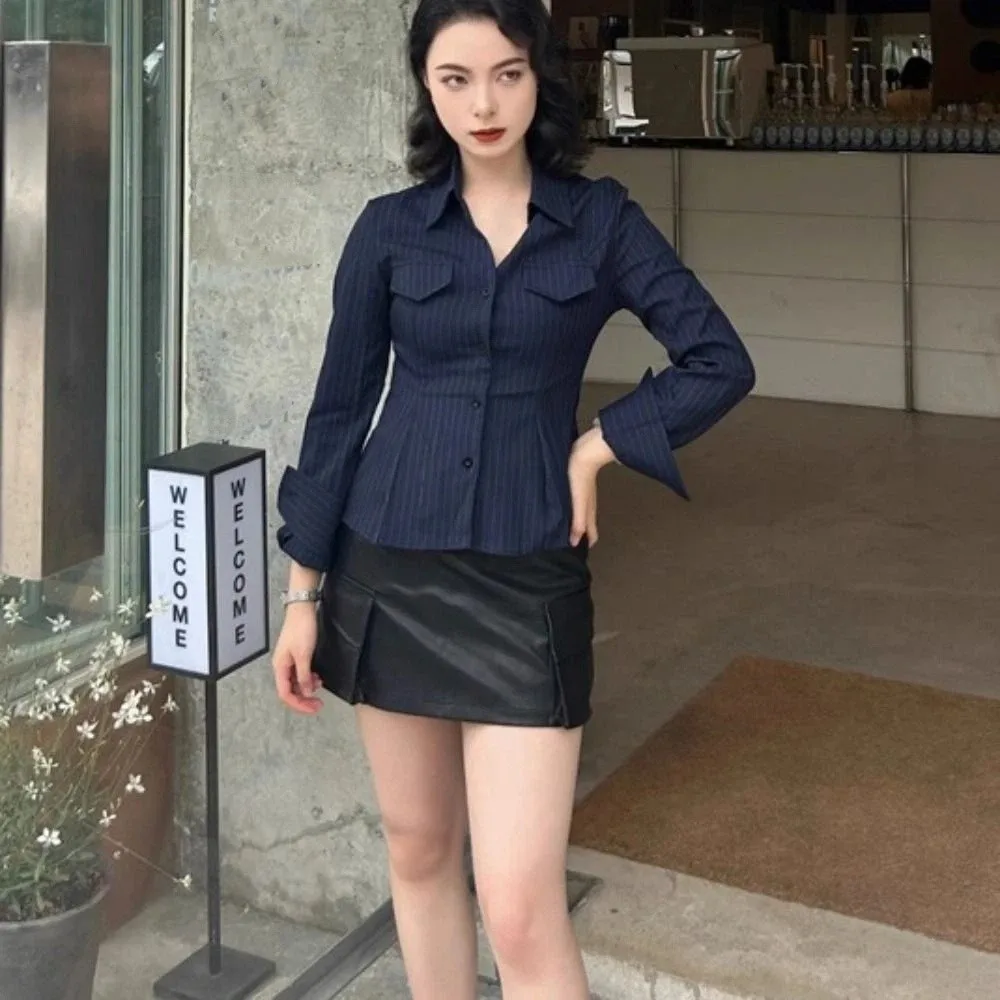 Zoete strip geplooid overhemd Top Slim Fit Casual blouse met lange mouwen Zonbescherming Lente Zomer Herfst Button Shirt voor dames