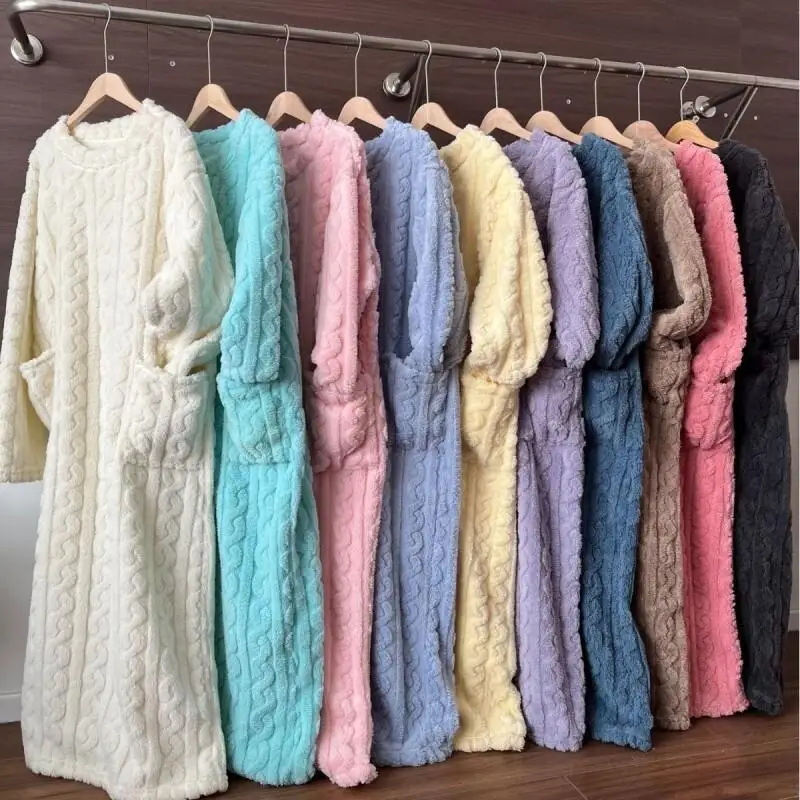 

Coral Fleece Women Pajamas Robe Winter Pajamas Keep Warm Comfortable Sleepwear Homewear Cotton Pajama Nightdress Solid Color