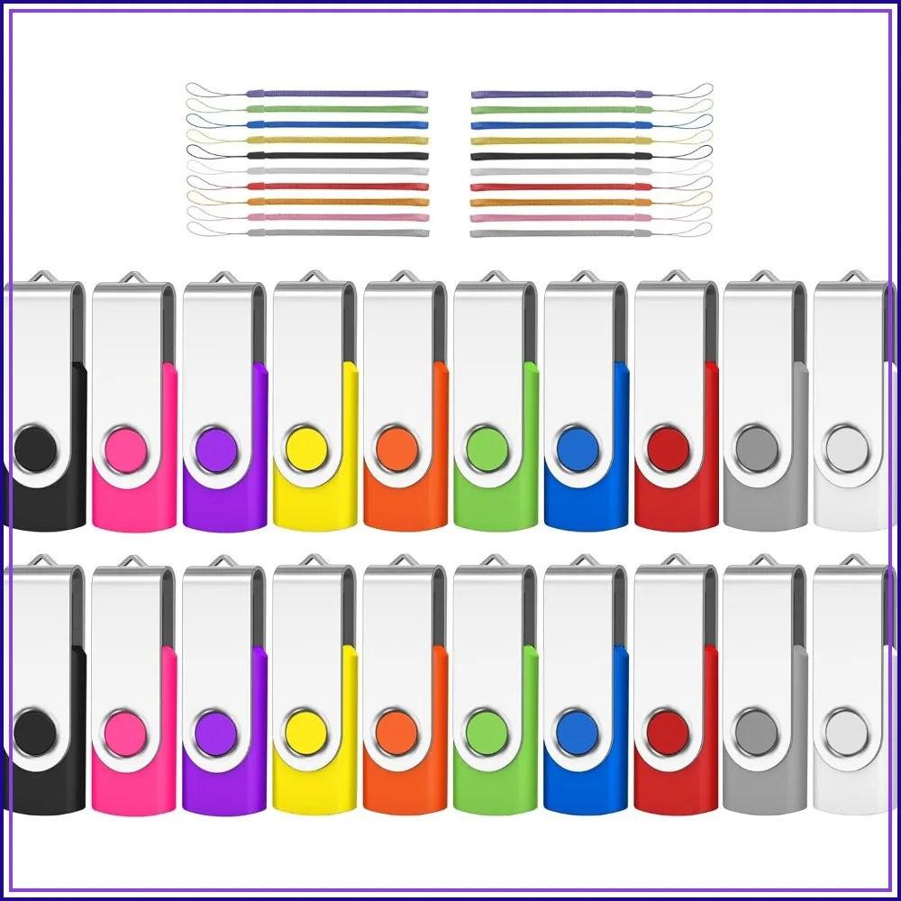 Набор из 20 флеш-накопителей USB 2.0 на 32 ГБ с ремешками – поворотный металлический корпус, Plug and Play, для хранения