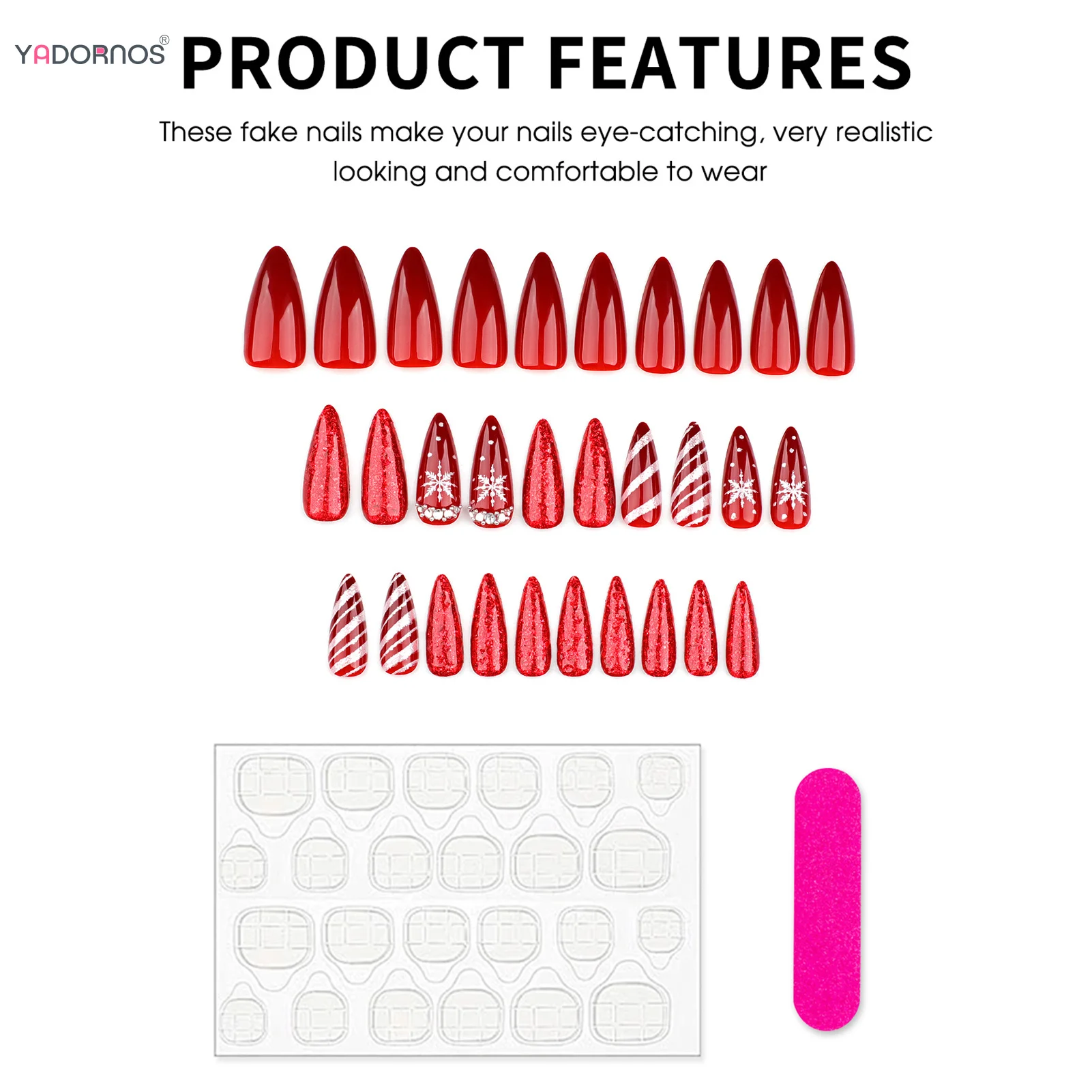 24szt Candy Stripe Fałszywe Paznokcie Na Boże Narodzenie Impreza Biały Płatek Śniegu Flash Diamond Red Sequins Press On Nail Long Almond Fake Nai