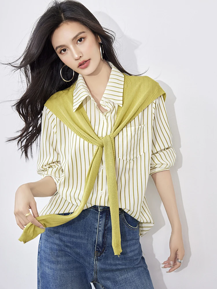 Knitted Shawl Scarf Stitching Vertical Striped Blouse Women 2024 Autumn Fashion Office Ladies Elegant Loose Casual Shirt Tops