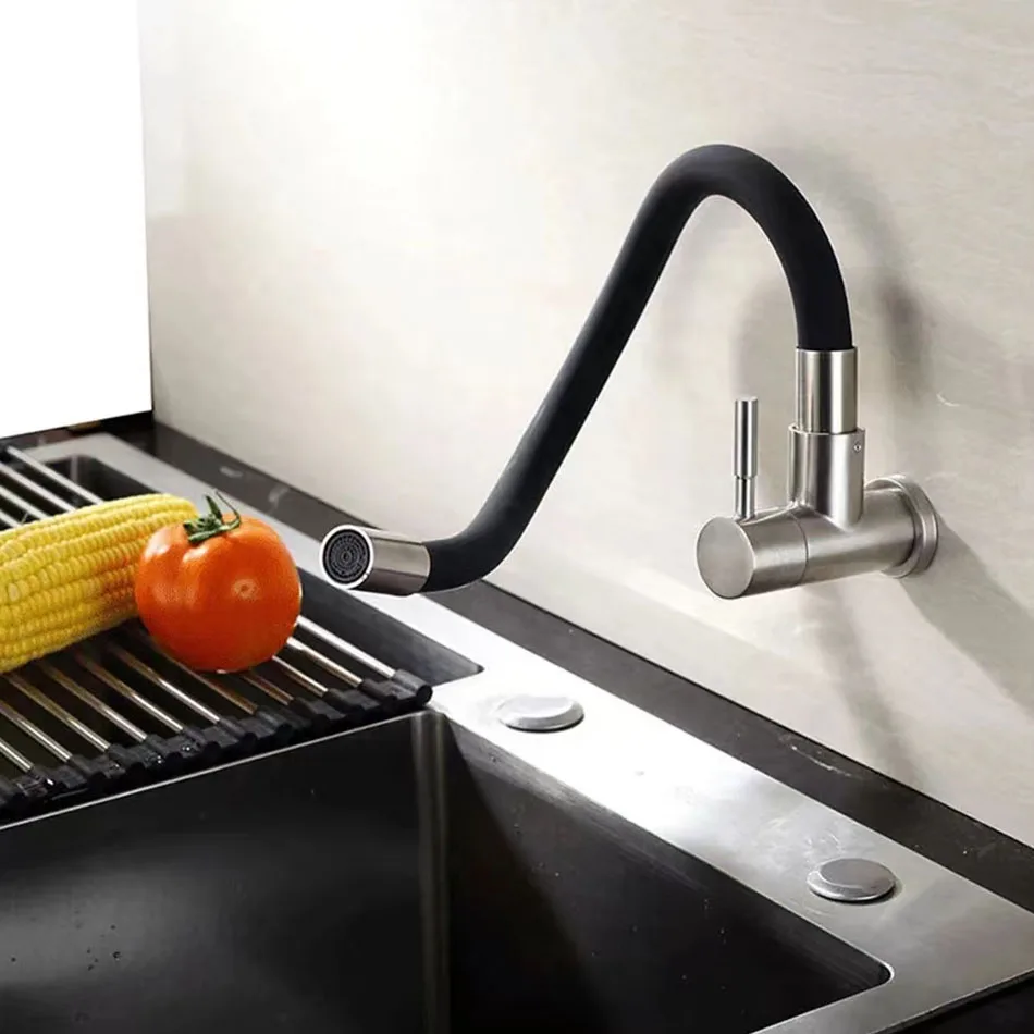 Kitchen Faucet Wall Mounted Black Brushed 304 Stainless Steel Rotation Universal Pipe Single Cold Water Tap Kitchen Sink Faucet