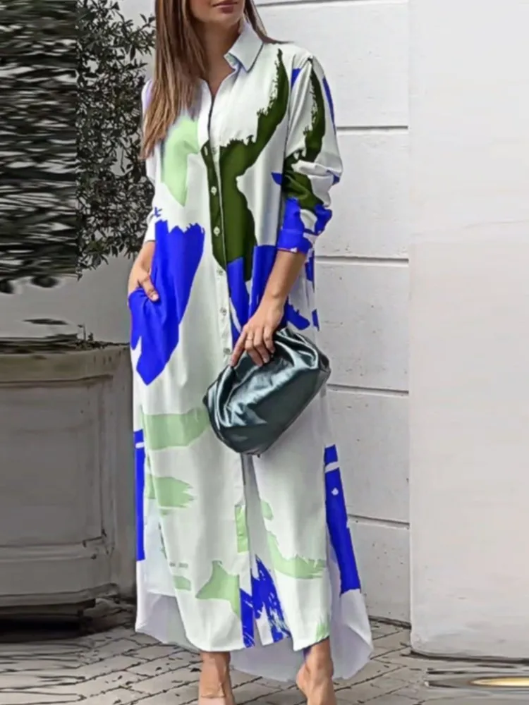 Women's Loose Casual Long Skirt Autumn And Winter New Fashion Printed Shirt Dress Elegant Commuting Long-sleeved Dresses