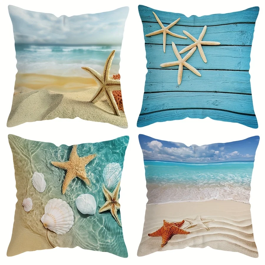 Conjunto  4 Fundas de Almohada con Diseño  Estrella de Mar y Concha, Verano Azul Océano Playa en el Tiempo del Agua del Mar,