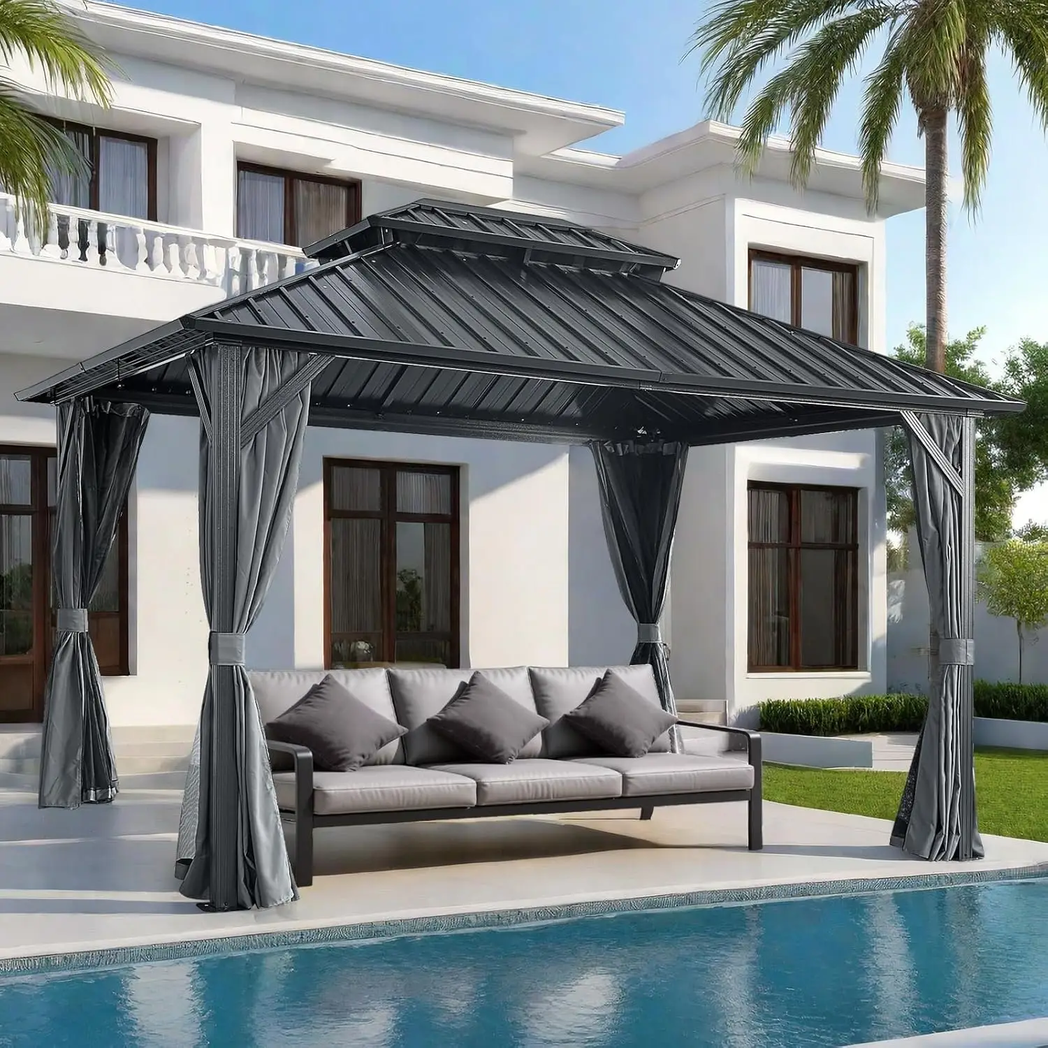 

12x10FT Hardtop Patio Gazebo Aluminum Frame Double Galvanized Steel Roof Outdoor Parties Lawns Garden Customized
