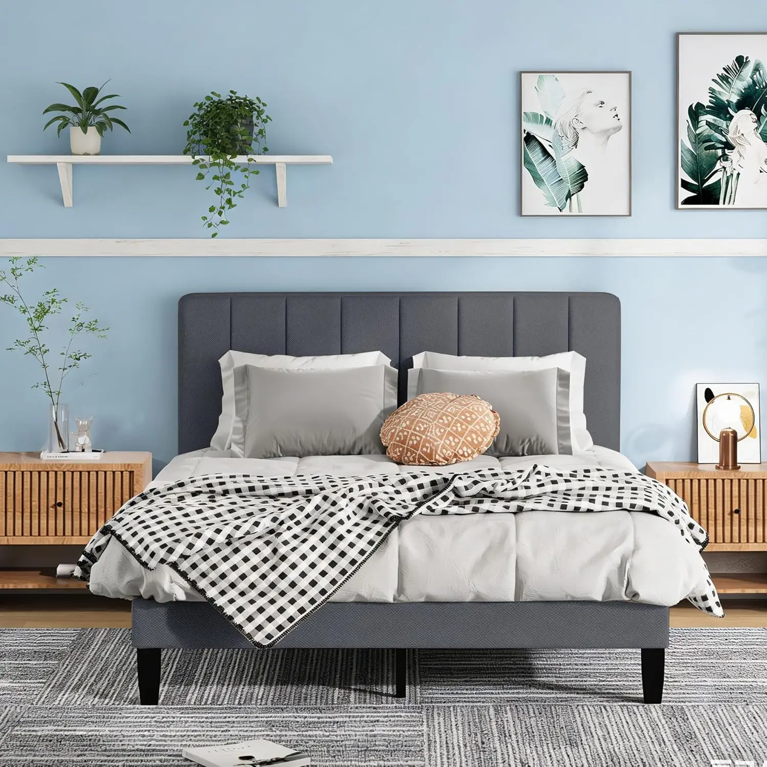 Full Size Bed Frame with Headboard, Wooden Slat Support, No Box Spring Needed, Heavy Duty Sturdy Mattress Foundation/Easy Assemb