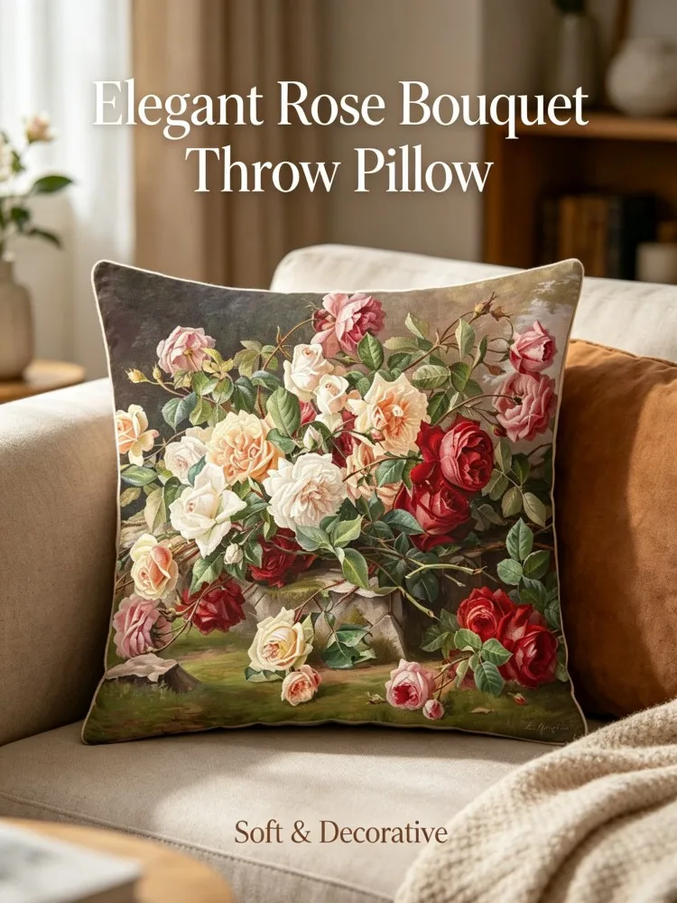 Vintage Oil Painting Rose Throw Pillow Covers, Classical Floral Peony Iris Bird Butterfly Print Square Cushion Case, Farmhouse D