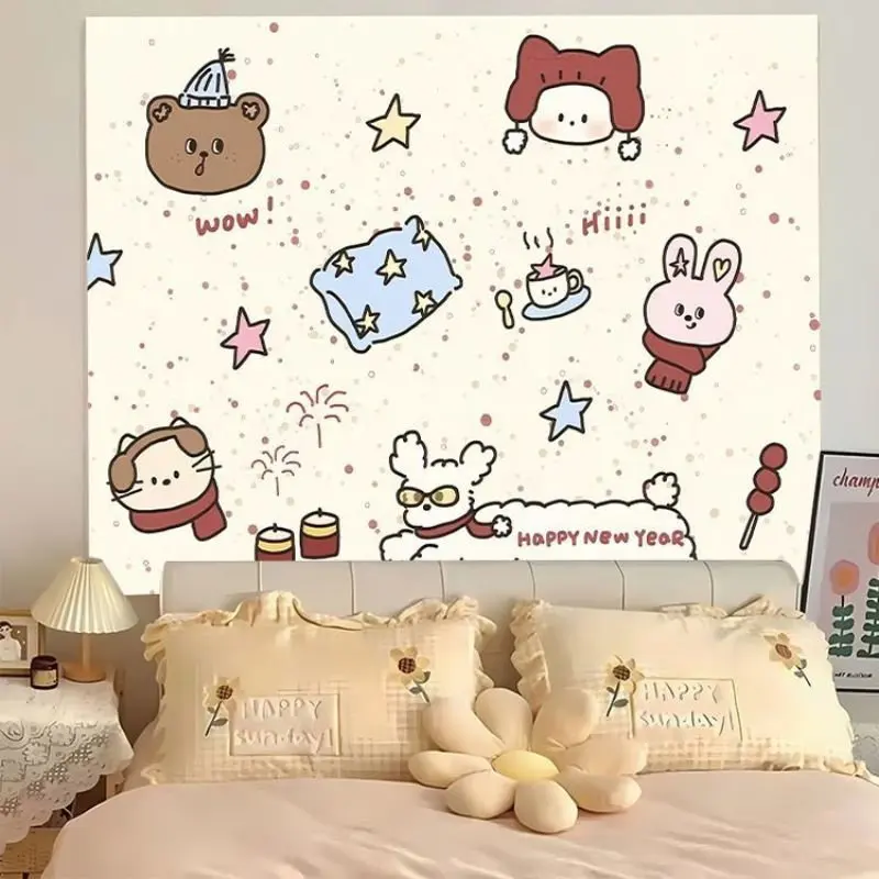 VIKAMA Kawaii Doodle Cartoon Animals Tapestry Wall Hanging Bear Bunny Stars Cream Cute Aesthetic Wall Art Bedroom Dorm Decor