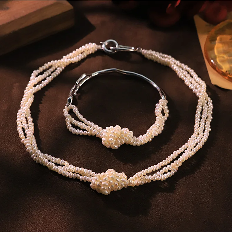 

Original Handmade Design White Freshwater Pearl Knotting Clasp Necklace Bracelet Set for Women Fashion Multilayer Choker Jewelry