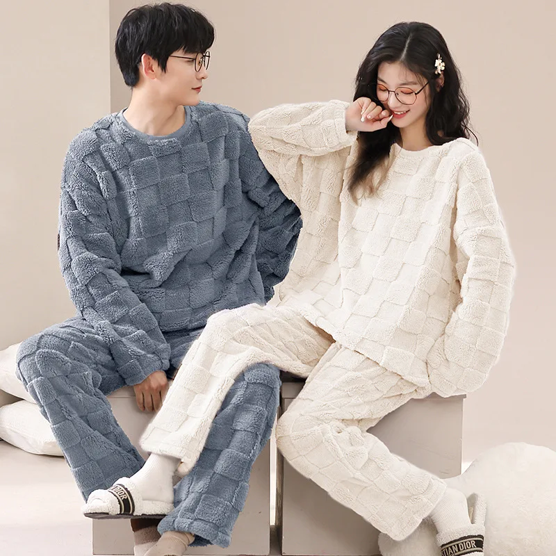 

Flannel pyjama couple Nightwear for Winter Warm Home Clothes Korean Fashion Women and Men Matching Sleepwear Lover Pjs Freeship