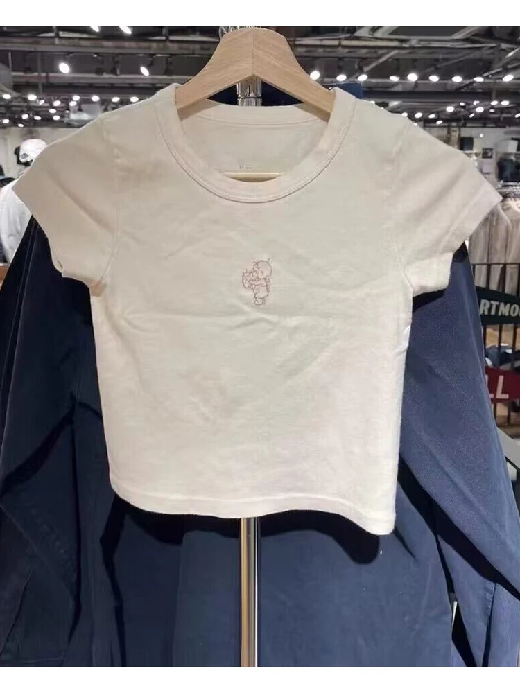 Anjo Bebê Gráfico Magro T-shirts Mulheres Verão Vintage O Pescoço de Manga Curta Algodão Bonito Top Colheita Doce Dos Desenhos Animados Imprimir Y2k T Shirt