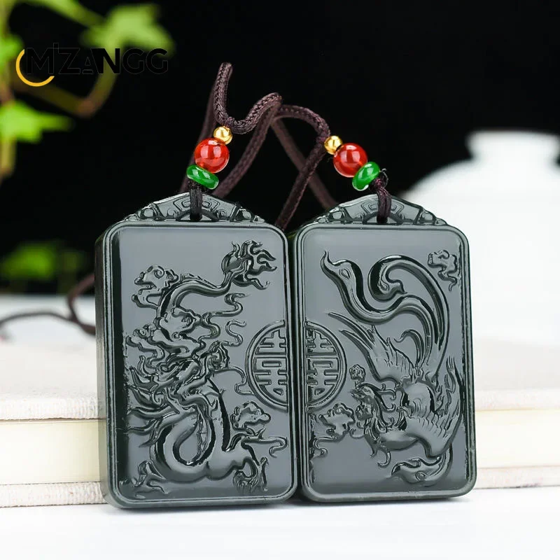 

Natural Hotan Green Jade Dragon Phoenix Pendant Hand-carved Fashion Luxury Jewelry Men and Women Lucky Amulet Gift