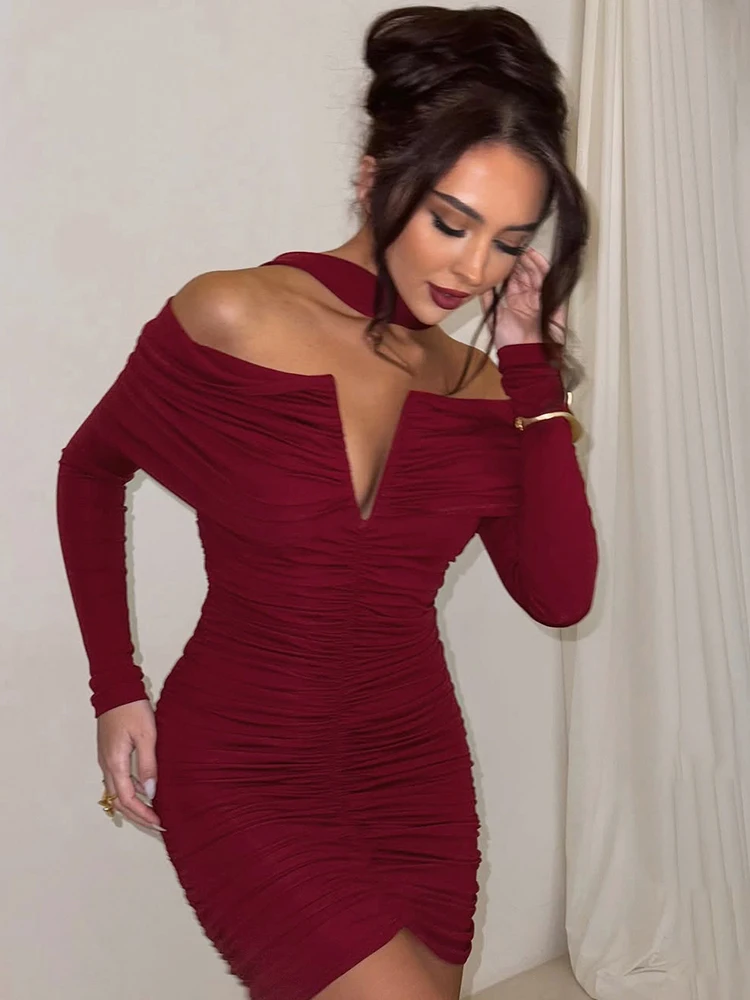 Sukienka Kliou Sexy Fashion + Jednolity Szal Damski Dekolt typu Slash Bez Pleców Długi Rękaw Obcisła Elastyczna Sukienka na Bal Studniówkowy Marszczona Elegancka Mini Bodycon