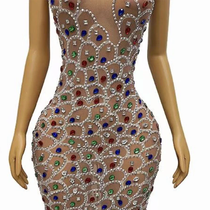 Kolorowa Sukienka Wieczorowa z Dużymi Kamieniami, Elastyczna, Seksowna, Przezroczysta Siateczka, Kostium na Imprezę, Urodziny, Strój XS6841