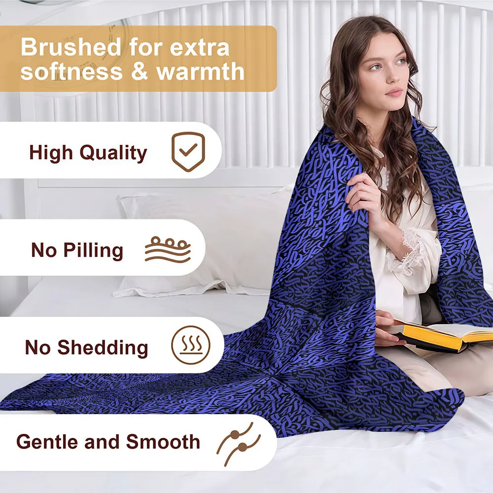 Dark Blue Arabic Calligraphy Soft Warm Flannel Blanket Lightweight Cozy Christmas Halloween Home Decor Room