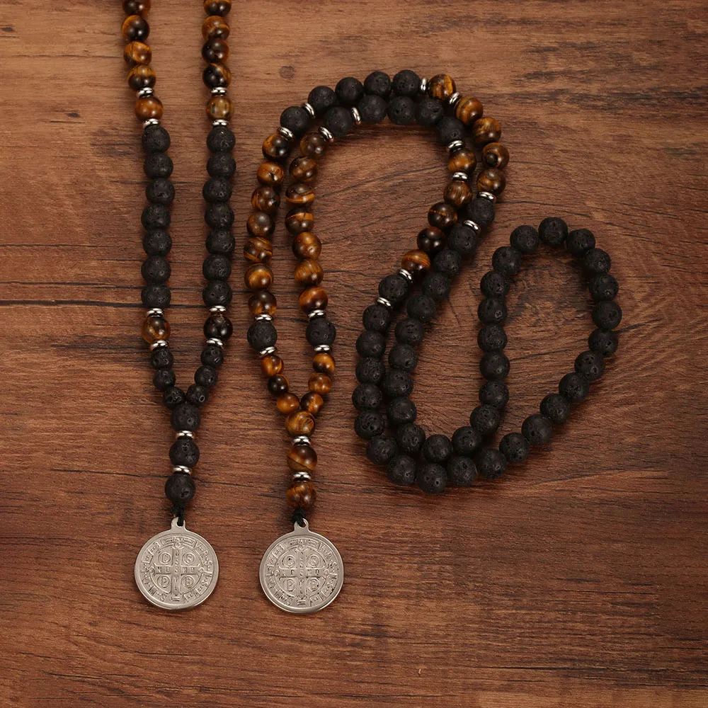 1 قطعة حجر عين النمر الطبيعي الصليب سانت بنديكت قلادة للرجال الحمم الحجر مطرز ميدالية سان بينيتو قلادة رجل مجوهرات