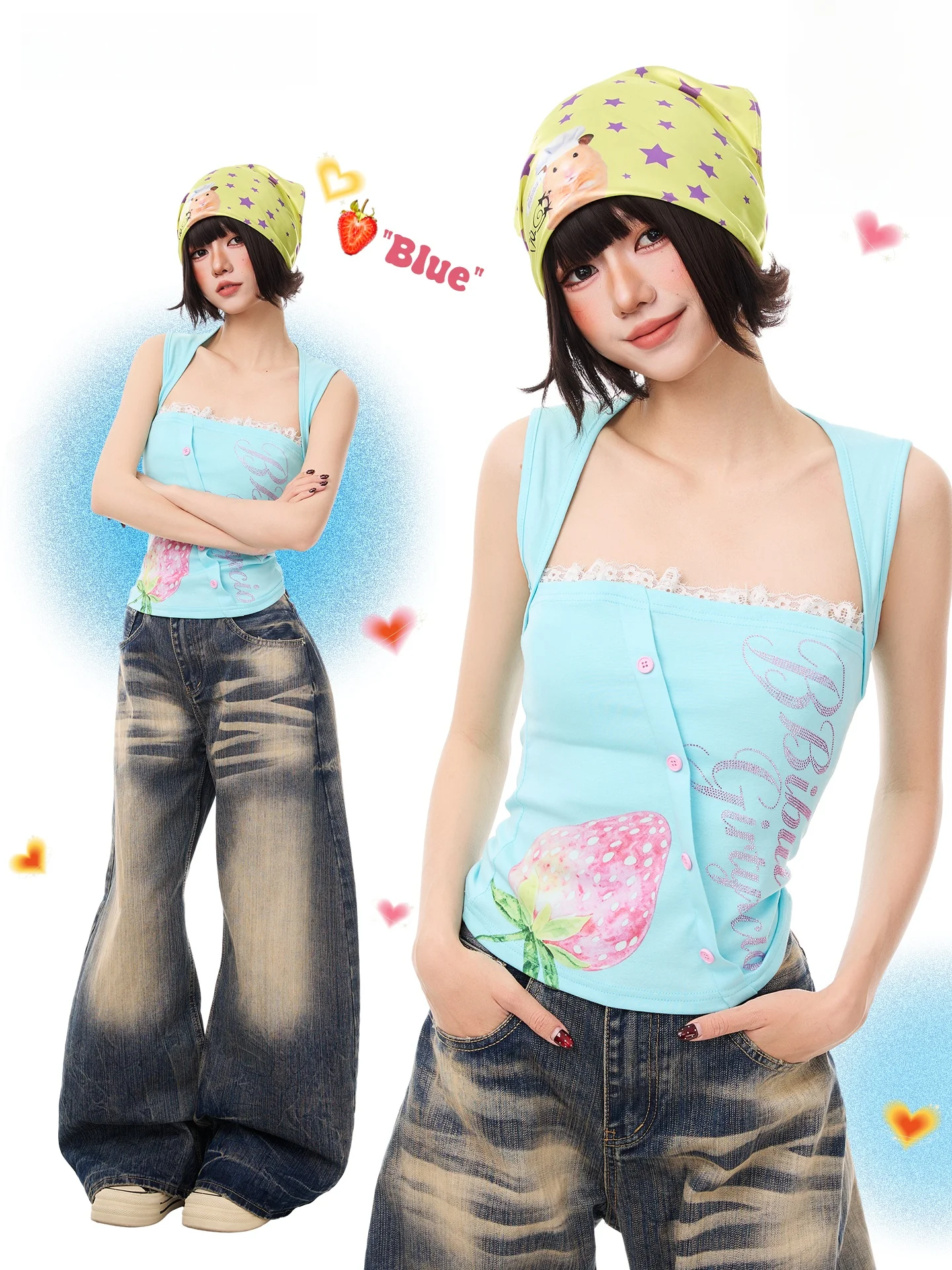 

K787 Sweet And Spicy Girl Lace Splice Show Clavicle Sleeveless T-shirt Women's Strap Strawberry Print Halter Top