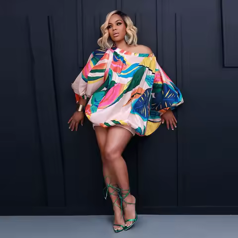 2024 New Printed Batwing Sleeves Off Shoulder Loose Mini Dress For Women Elegat Evening Party Dresses