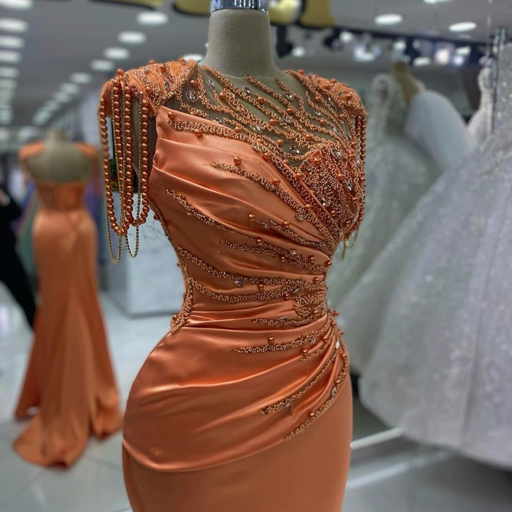 Simple Orange Prom Dresses Mermaid Sleeveless Pearls Vestidos De Noche Wedding Guests Gown For Women