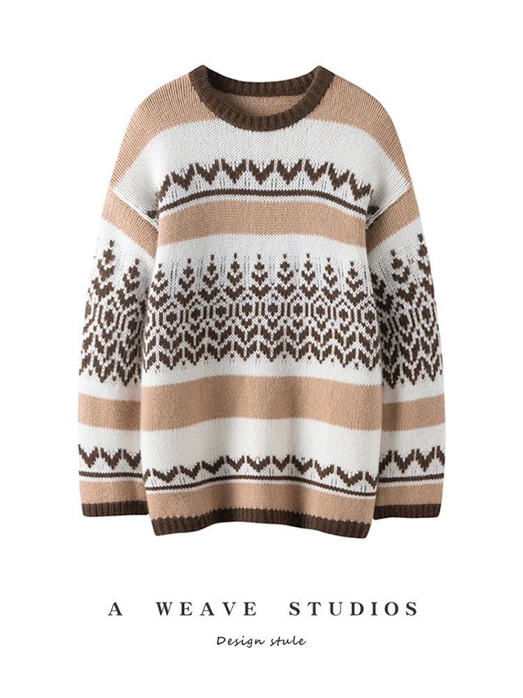 ADDONEE automne hiver femmes 100% pull en cachemire col rond pull juste île Jacquard Style cachemire tricots épaisseur tissu