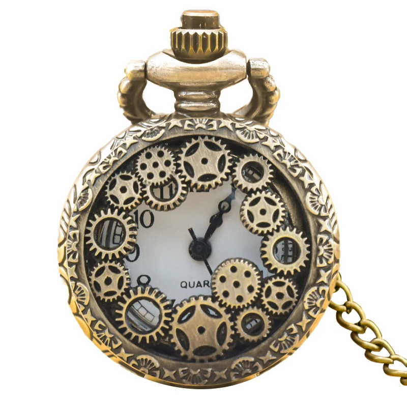 Kleine Vintage Bronze Steampunk Zahnrad Geschnitzte Quarz-Taschenuhr mit Halskette, Anhänger-Uhr, Kette für Männer und Frauen, Geschenk – Detail 7