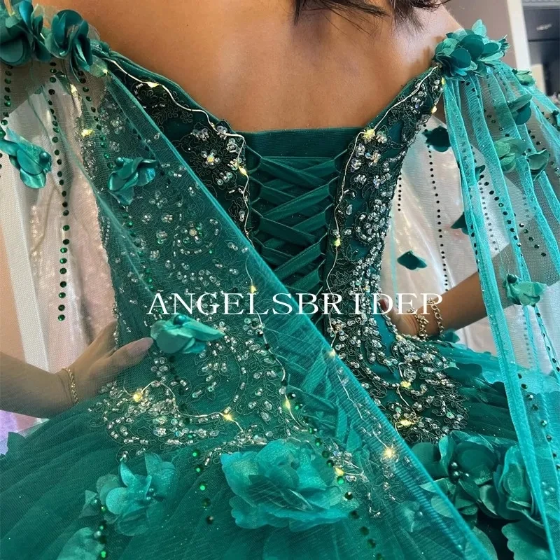 ANGELSRIDEP-Vestidos De baile para quinceañera, con capa 3D De flores, color verde esmeralda, para fiesta De cumpleaños De 15 Años, 2024