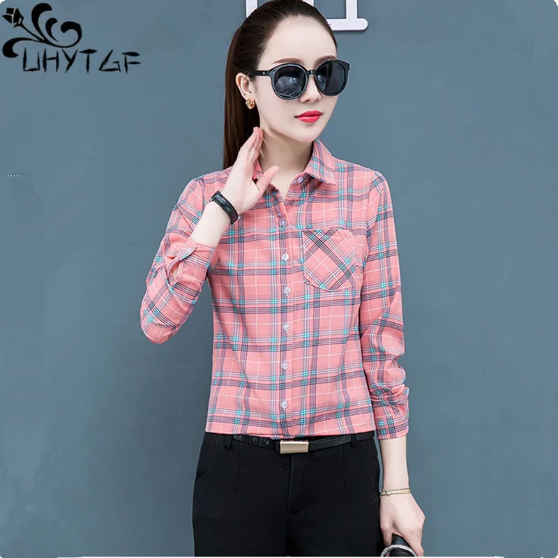 UHYTGF Spring Summer Shirt Women\'s Long-Sleeved Plaid Thin Tops Female Single Breasted Casual Students Shirts And Blouses 2471