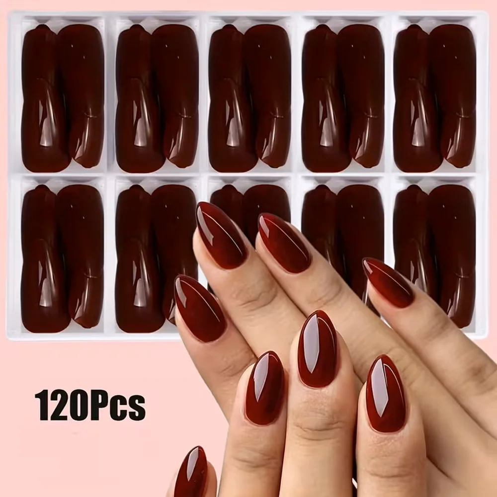 Burgundy Red Press On Nails Glossy Almond Shape Full Cover False Nails Short Solid Color Wine Red Fake Nails for Women Manicure
