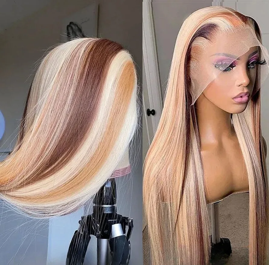 أومبير براون شقراء تسليط الضوء على العظام مستقيم الدانتيل شعر مستعار أمامي 13x4 شقراء 613 الدانتيل الباروكة الأمامية HD غلويليس قبل قطعها الاصطناعية