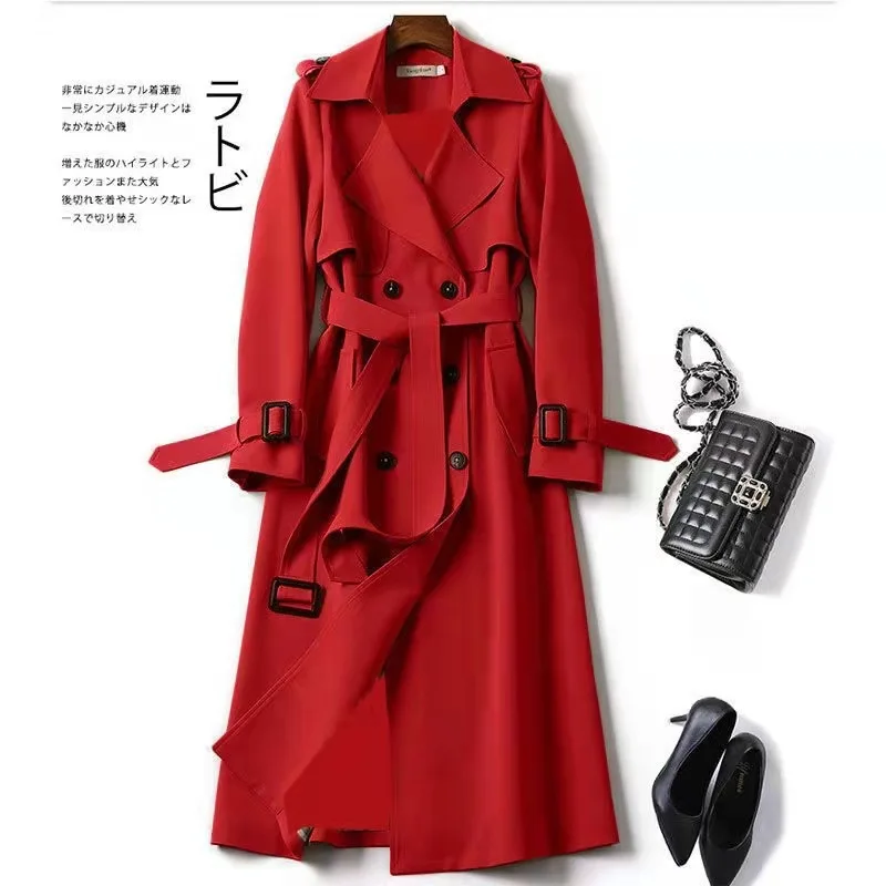 

Women's Trench Coat 2024 Autumn Korean Long Jacket with Belt Solid Double-breasted British Style Khaki Coat For Women Red Blue