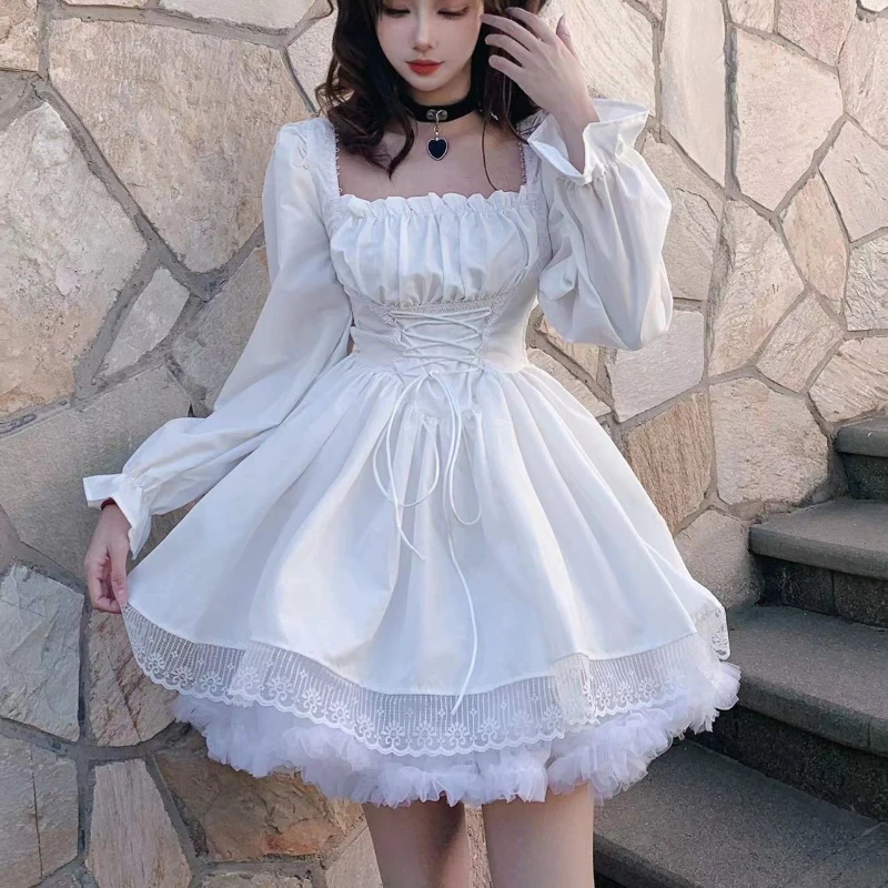 HOUZHOU White Lolita Dress Kawaii Vinatge Long Sleeve Mini Dresses Black Gothic Bandage Lace Patchwork Streetwear Square Collar