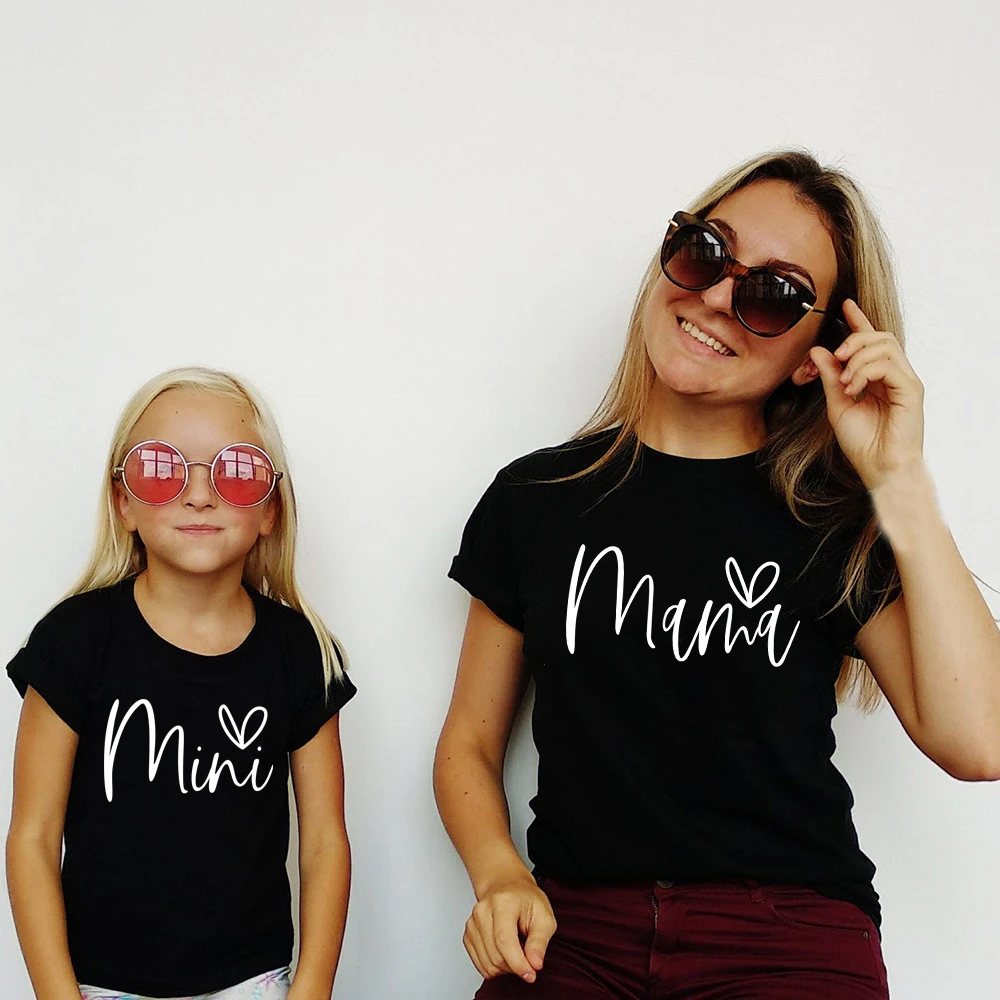 Mama Mini Heart Letter Print Family Matching Outfits Summer Short Sleeve Mom and Daughter T‑Shirt Look Mommy and Me Tees Tops