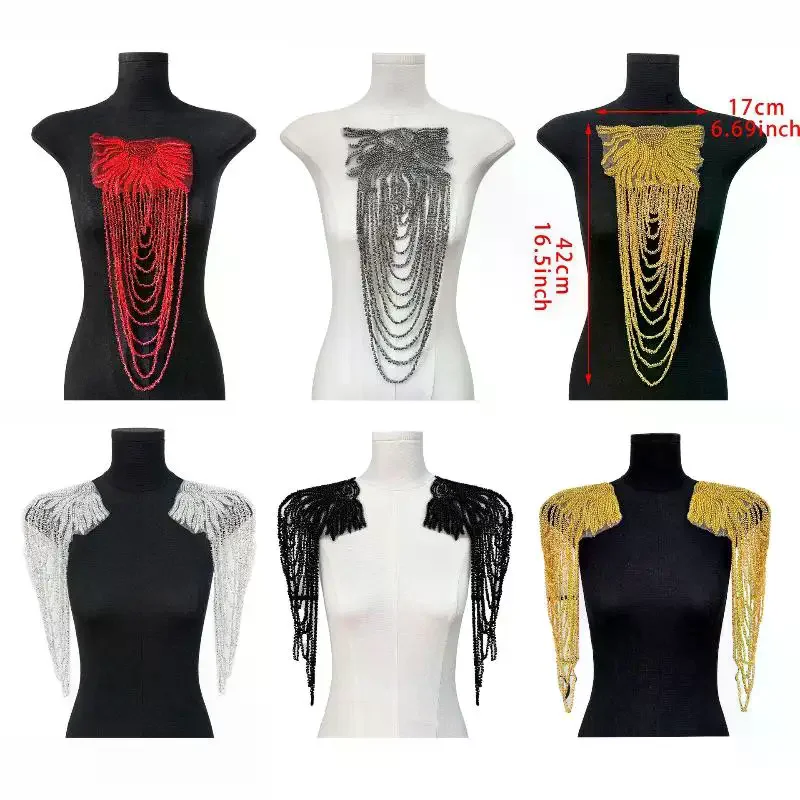 1Pcs Beaded Wedding Dress Shoulder: Patches Vintage Heavy Embroidery Tassel Three-Dimensional Crystal Pendant